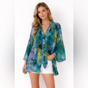 Sunny Leigh Boho Abstract Tunic Blouse L Y2K Vintage Flow Top